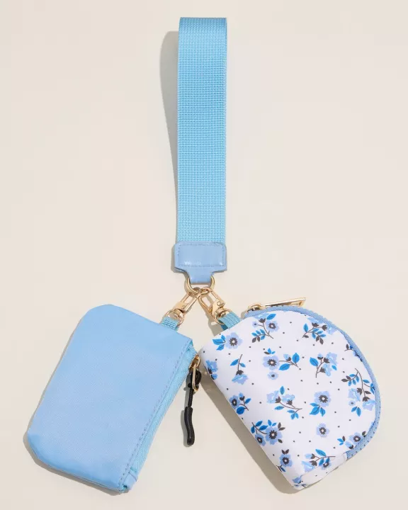 Blue Floral Nylon Pouch Wristlet