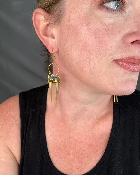 Art Deco blue and brass earrings