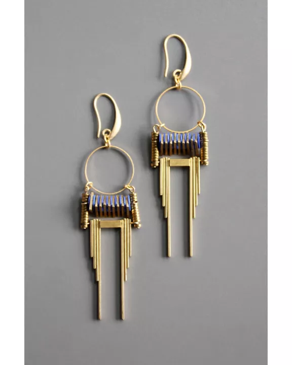 Art Deco blue and brass earrings
