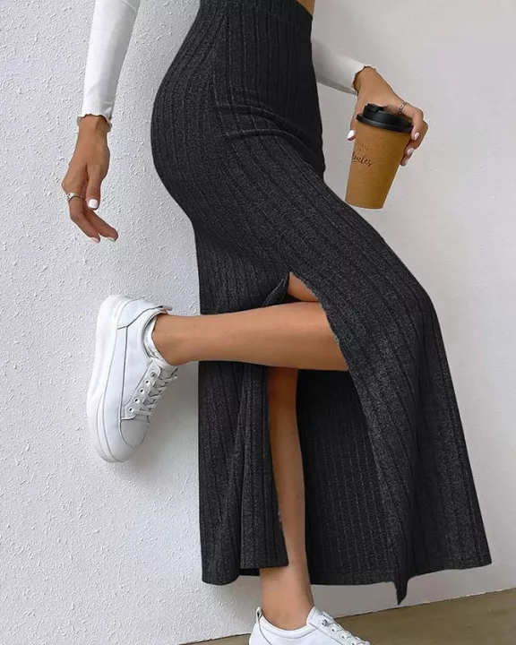 Plain Rib Side Split Maxi Skirt