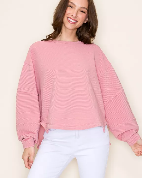 OVERSIZED SCOOP NECKLINE AND RAW TRIM KNIT TOP