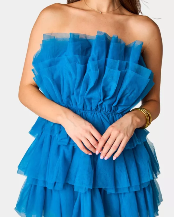 Powder Puff Strapless Tulle Mini Dress - Indigo
