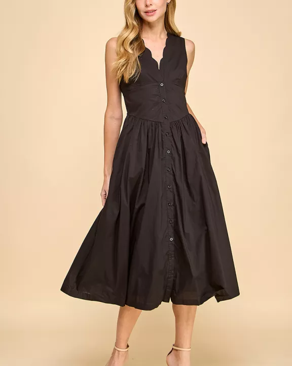 CD05269-Scalloped Neckline Button Up Fit and Flare Dress