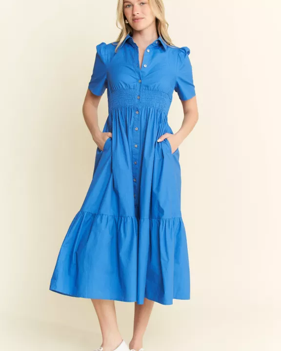 COLLARED SMOCKED MIDI DRESS
