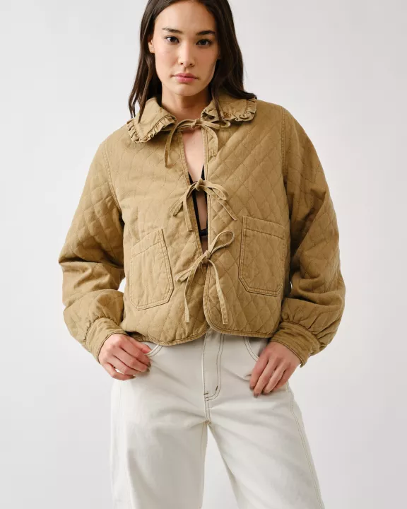 MAJ3294 QUILTED FRILLY COLLAR BOW TIE DENIM JACKET