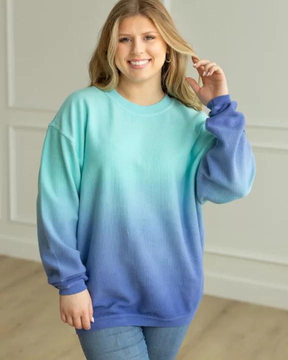 DIP DYED CORDED CREWS - TEAL/BLUE