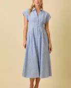 Button Up Front Pleated Summer Midi Shirt Dress