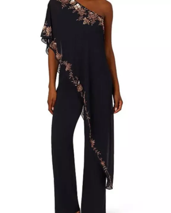Adrianna Papell Beaded Overlay One Shoulder Straight Leg Jumpsuit