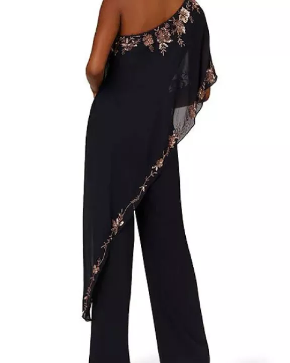 Adrianna Papell Beaded Overlay One Shoulder Straight Leg Jumpsuit