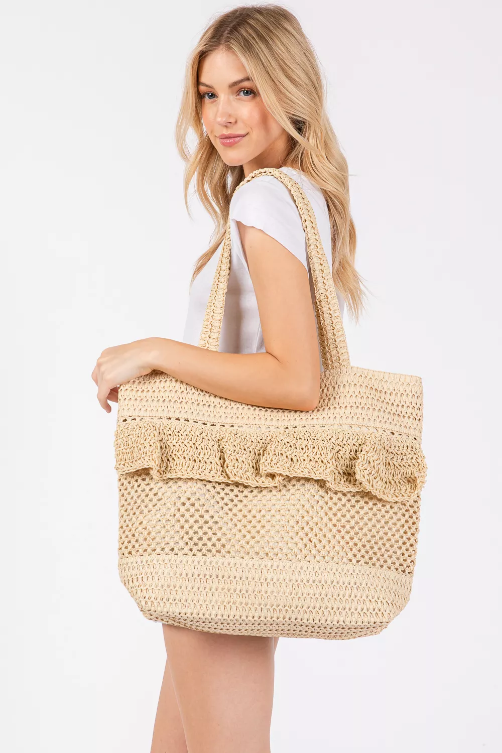 Woven Ruffle Straw Tote Bag