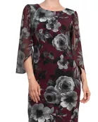 Connected Apparel Boat Neckline Slit Chiffon Sleeves Floral Print ITY Shift Dress