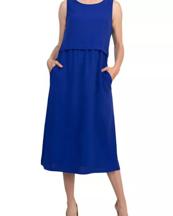 Connected Apparel Natural Seam Waistline Side Pocket Round Neckline Midi Dress
