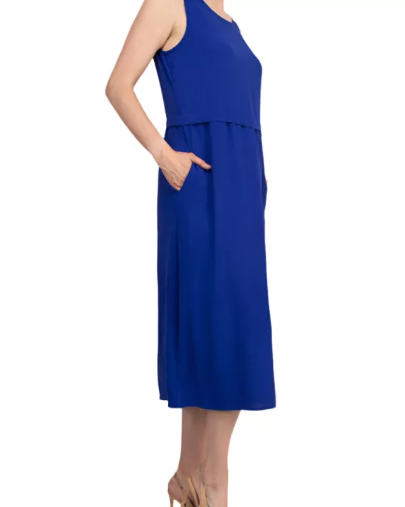 Connected Apparel Natural Seam Waistline Side Pocket Round Neckline Midi Dress