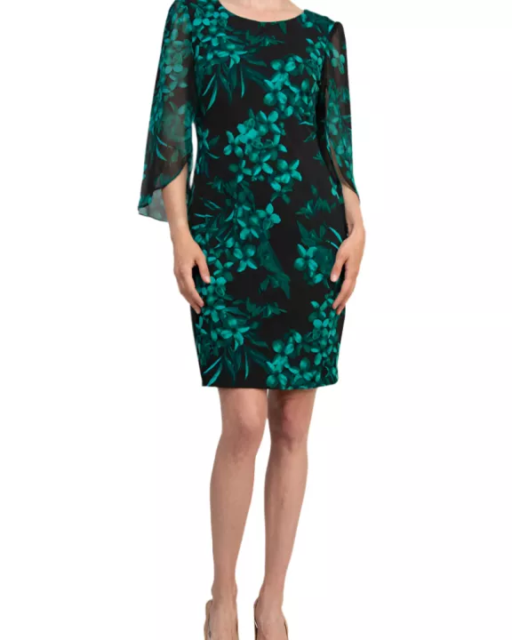 Connected Apparel Floral Detail Three-Quarter Split Sleeves Sheath Dress