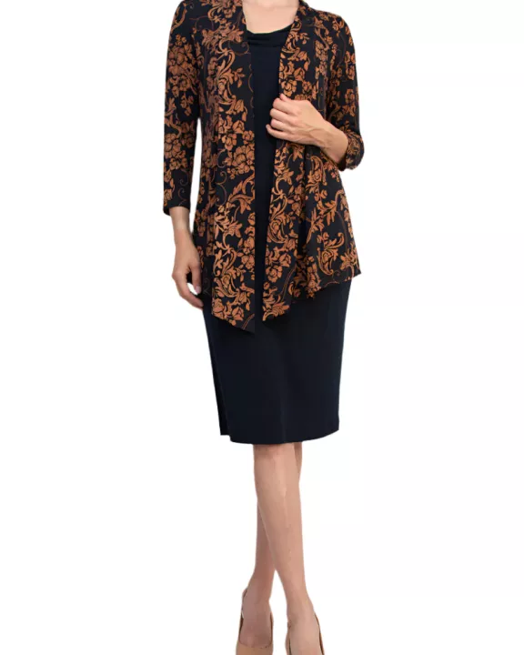Connected Apparel Cowl Neck Straight Midi Dress with Attached Three-Quarter Sleeves Jacket