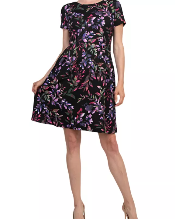 Connected Apparel Rounded Boat Neckline All-Over Floral Print Side Seam Pockets A-Line Dress