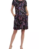 Connected Apparel Rounded Boat Neckline All-Over Floral Print Side Seam Pockets A-Line Dress