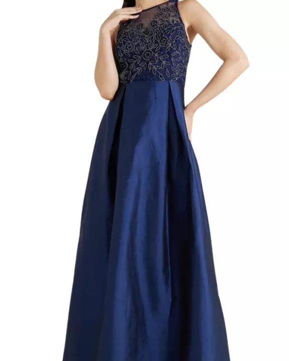 Adrianna Papell Round Neckline Sleeveless Beaded Bodice Waist Flares Shift Embellished Tiered Maxi Dress