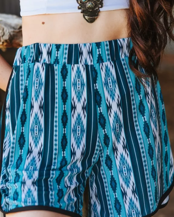 Ivory Jade Aztec Printed Elasitc Shorts W Piping Trim