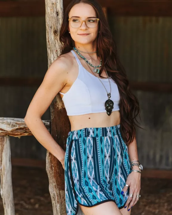 Ivory Jade Aztec Printed Elasitc Shorts W Piping Trim