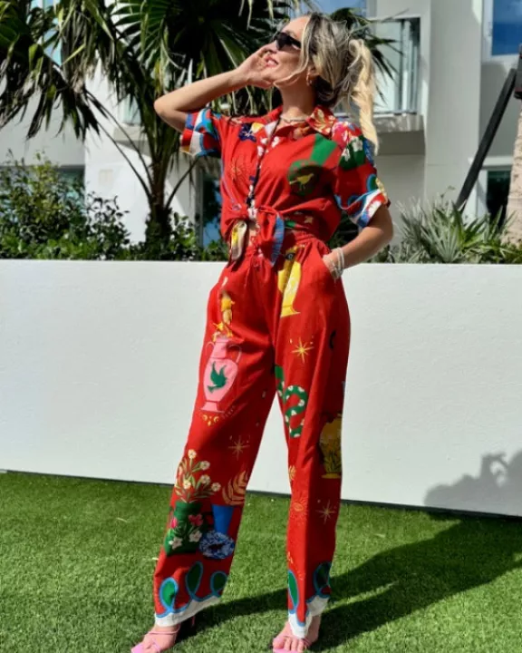 Tropical Paradise Elegance Bold Print Pant And Shirt Resort Wear Set