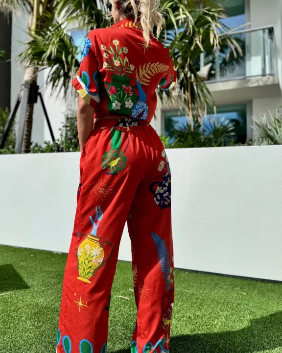 Tropical Paradise Elegance Bold Print Pant And Shirt Resort Wear Set