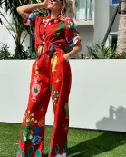 Tropical Paradise Elegance Bold Print Pant And Shirt Resort Wear Set