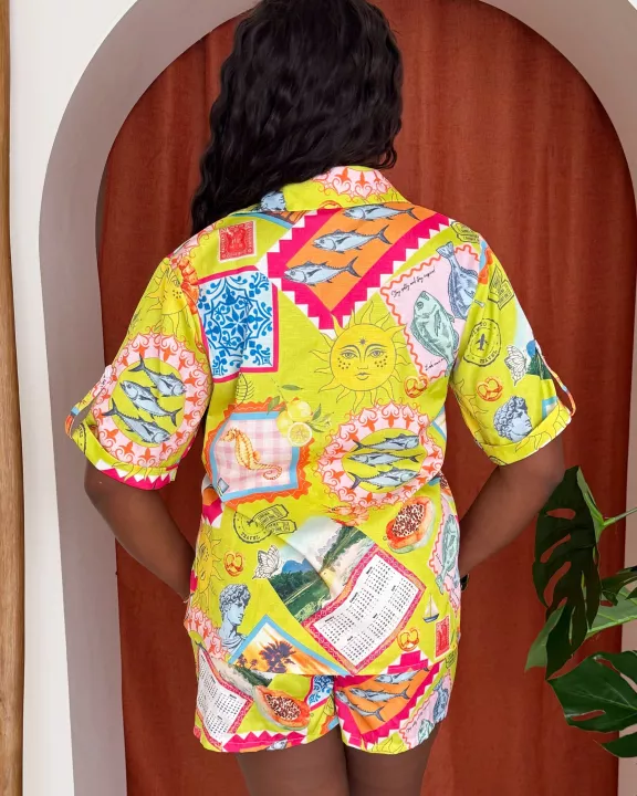 Tropical Colorful Block Chic Short and Shirt Resort Wear Set