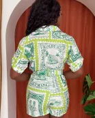 Vibrant Green Stamps Short Jumpsuit: Ideal Vacationwear