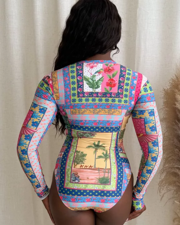 Bohemian Geometric Long Sleeve Resort Wear Swimwear One Piece