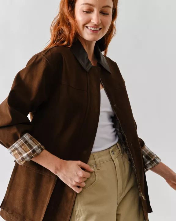 MAJ3262 SUEDE CASUAL JACKET WITH LEATHER COLLAR