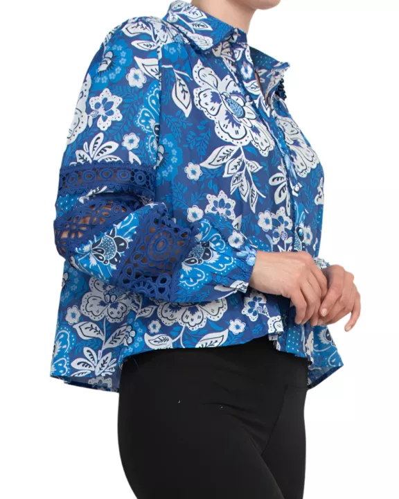 Elie Tahari Vibrant Blue Floral Collared Neckline Lace Trim Long Sleeves Top Blouse Dress