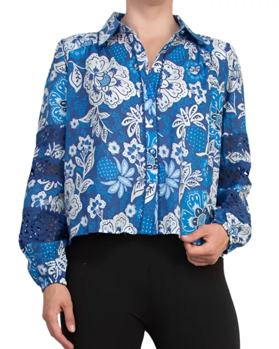 Elie Tahari Vibrant Blue Floral Collared Neckline Lace Trim Long Sleeves Top Blouse Dress