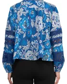 Elie Tahari Vibrant Blue Floral Collared Neckline Lace Trim Long Sleeves Top Blouse Dress