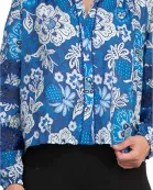 Elie Tahari Vibrant Blue Floral Collared Neckline Lace Trim Long Sleeves Top Blouse Dress