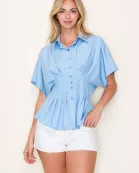 SOLID PLEATED BUTTON DOWN BLOUSE- SDT6366