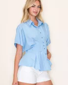 SOLID PLEATED BUTTON DOWN BLOUSE- SDT6366