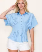 SOLID PLEATED BUTTON DOWN BLOUSE- SDT6366