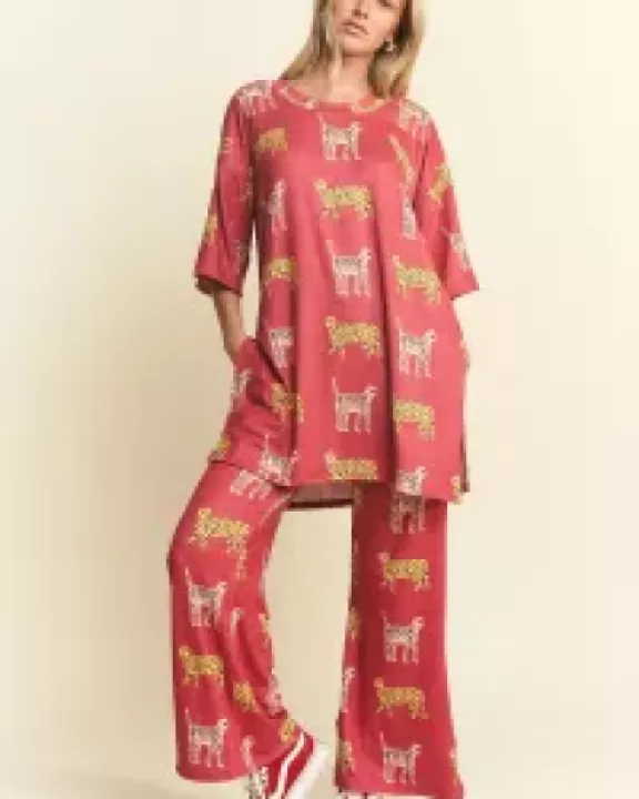 CHEETAH PRINT OVERSIZED TOP/STRAIGHT LEG PANTS SET