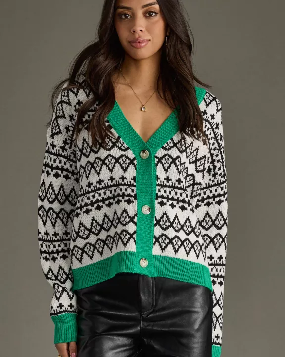 Ivory, Black & Green Patterned Cardigan