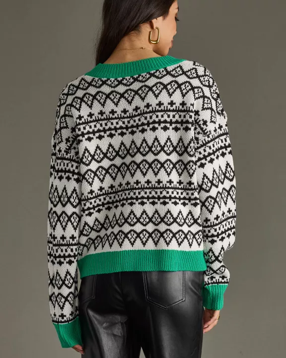 Ivory, Black & Green Patterned Cardigan