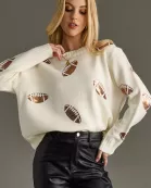 Cream Sequin Footballs Sweater