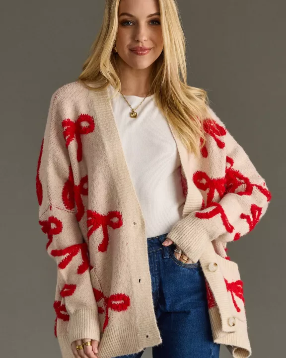 Tan & Red Bow Cardigan