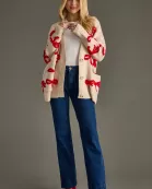Tan & Red Bow Cardigan