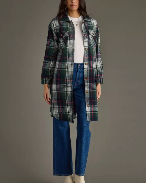 Navy, Green, White & Red Plaid Long Shacket