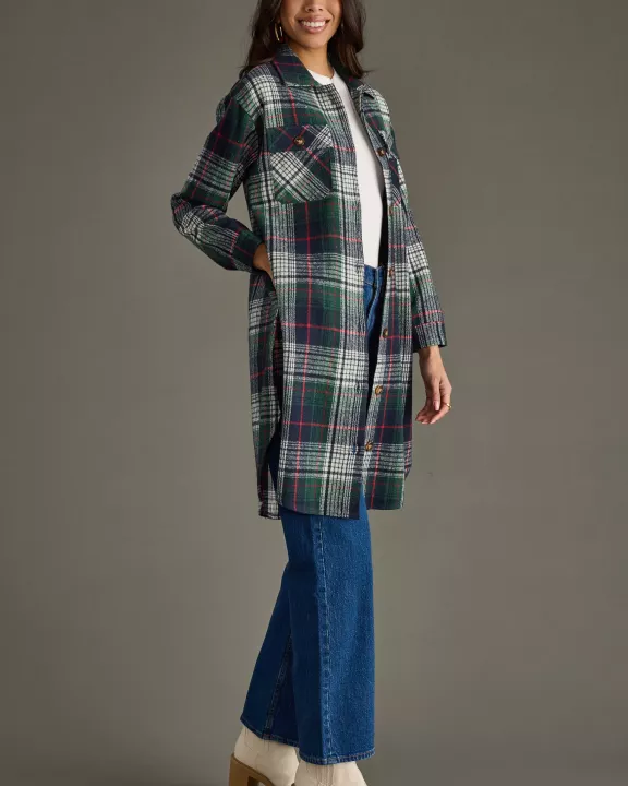 Navy, Green, White & Red Plaid Long Shacket