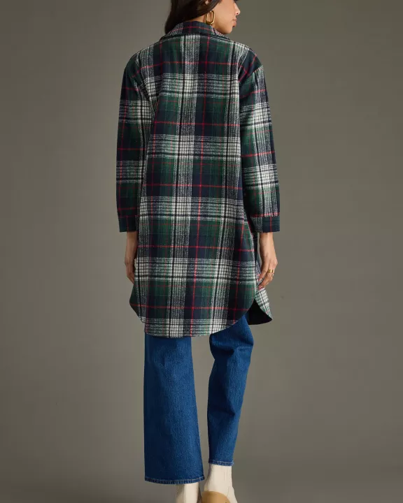 Navy, Green, White & Red Plaid Long Shacket