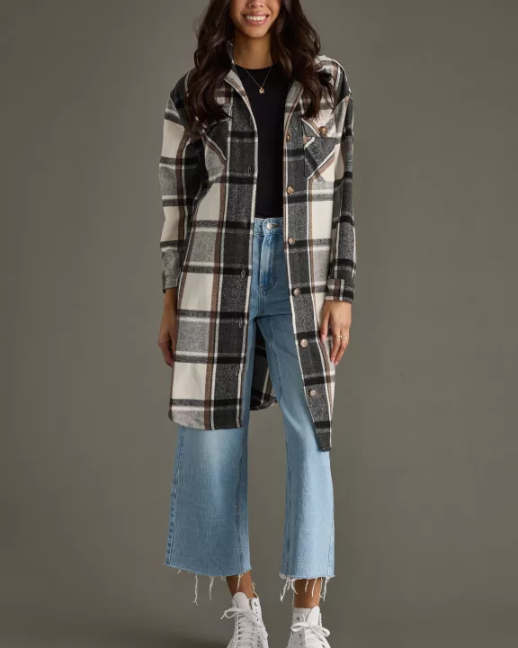 Black, Ivory & Brown Plaid Long Shacket