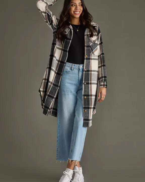 Black, Ivory & Brown Plaid Long Shacket
