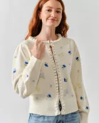 MAS3283 FLOWER EMBROIDERED CARDIGAN W/POMPOM EDGE